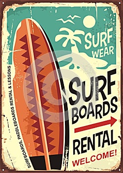 Surfboards rentals retro tin sign design photo