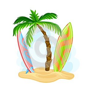 Surfboards for Riding Ocean Waves Rested on Sand with Palm Tree Hawaiian Vector Illustration