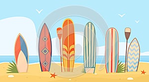 Surfboards on sand. Patterned sea boards in row on beach, ocean surfing items, hawaiian vacation, wave catchers, summer sport type