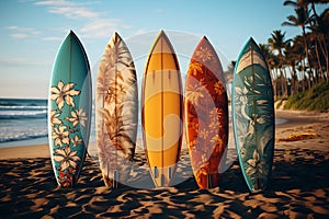 Surfboards on a sandy beach with palm trees in the background. Pastel colors, retro style. AI