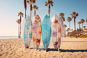 Surfboards on a sandy beach with palm trees in the background. Pastel colors, retro style. AI