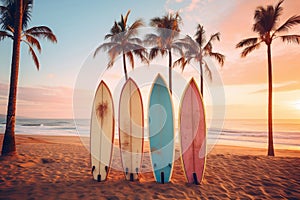 Surfboards on a sandy beach with palm trees in the background. Pastel sunset colors, retro style. AI