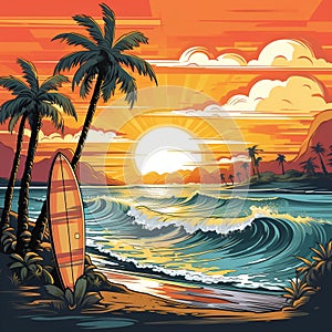 Surfboards on a sandy beach, palm trees and sea waves in the background. Sunset colors, retro style. AI