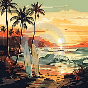 Surfboards on a sandy beach, palm trees and sea waves in the background. Sunset colors, retro style. AI