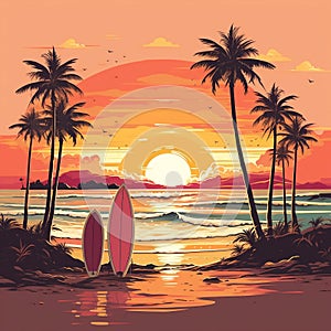 Surfboards on a sandy beach, palm trees and sea waves in the background. Sunset colors, retro style. AI