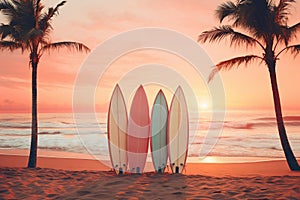 Surfboards on a sandy beach, palm trees and sea waves in the background. Sunset colors, retro style. AI