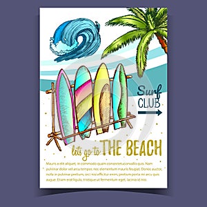 Surfboards, Sea Wave And Palm on Poster Vector