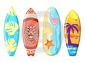 Surfboards set. Bodyboard. Surfboard print design for surfing ride or decor. Beautiful drawing on a surfboard. Vector