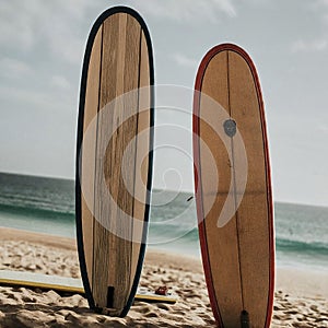 Surfboards standing in the beach.