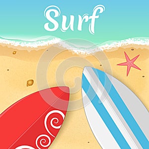 Surfboards and a starfish on the ocean. Opening of the summer season. Relax on the beach. Vector illustration