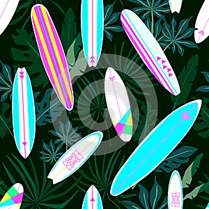 Surfboards with tropical leaves vector pattern design