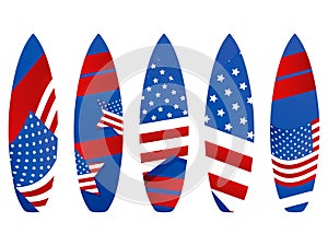 Surfboards with USA flag on a white background. Types of surfboards with a pattern. Vector