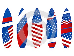 Surfboards with USA flag on a white background. Types of surfboards with a pattern. Vector