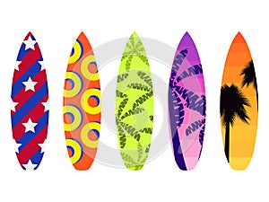 Surfboards on a white background. Types of surfboards with a pattern. Tropics, palm trees, summer motive. Vector