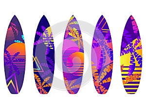 Surfboards on a white background. Types of surfboards with a pattern. Vector