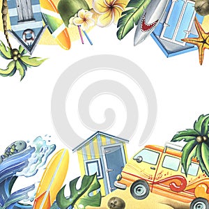 Surfboards, wooden beach cabines, tropical plants and flowers, yellow van, wave. Watercolor illustration hand drawn