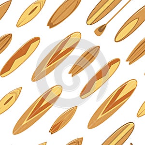 Surfboards with Wooden Texture Seamless Pattern Background Surfers Equipment. Vector