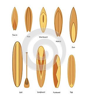 Surfboards with Wooden Texture Set Surfers Equipment. Vector photo