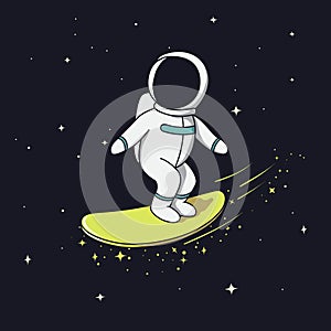 Surfer astronaut flying on surfboard