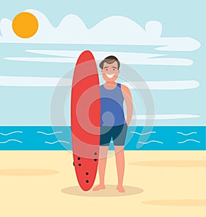 A surfer on the beach with a board, a young guy is resting on the sea in the summer and is surfing. Vector illustration