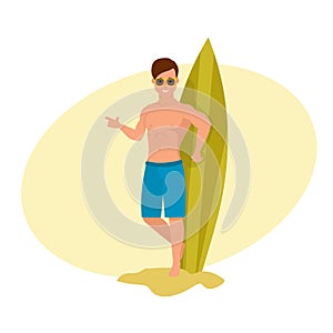 Surfer on beach is standing and posing against background board.