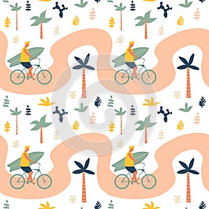 Surfer bicycle rider with surfboard on the beach seamless pattern. Funny cartoon character young man riding a bike.