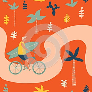 Surfer bicycle rider with surfboard on the beach seamless pattern. Funny cartoon character young man riding a bike.