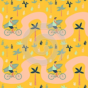 Surfer bicycle rider with surfboard on the beach seamless pattern. Summertime illustration.