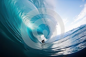 Surfer on big Blue Ocean Wave. Ai generative
