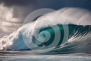 Surfer on big Blue Ocean Wave. Ai generative