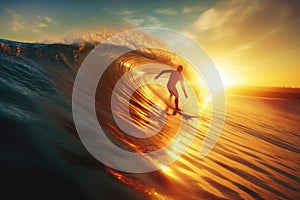 Surfer on big Blue Ocean Wave. Ai generative