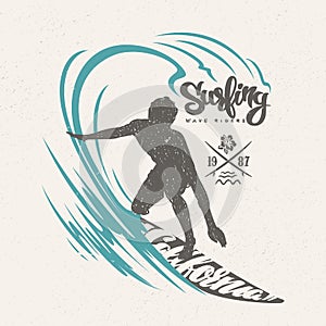 Surfer and big wave. T-shirt design