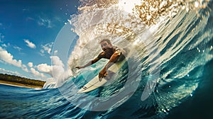 Surfer on the Blue Ocean Wave, Bali Island, Indonesia. Generative AI.