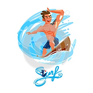 Surfer on Blue Ocean Wave. character design with typographic design - vector