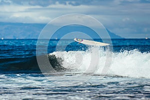 Surfer On Blue Ocean Wave. Extreme Sport