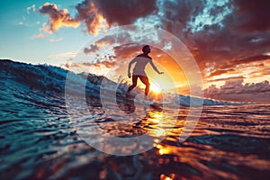 Surfer Catching Sunset Wave Generative AI