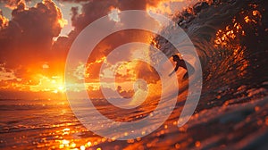 Surfer catching a wave at dawn