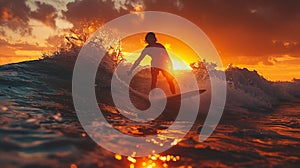 Surfer catching a wave at dawn