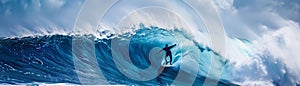 Surfer catching a wave, spray and foam highlighting the action