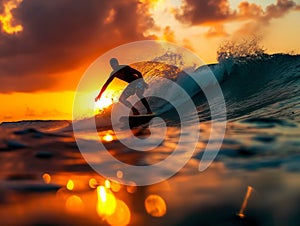 Surfer Catching a Wave at Sunset