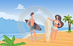 Surfer couple people with surfboards on summer sport, travel extreme vacation adventure