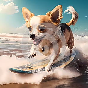 surfer dog. Dog on the board, surfing. Generative AI copy space