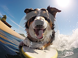 A surfer dog is floating on the waves on a board. Created by AI
