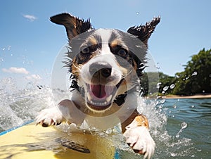 A surfer dog is floating on the waves on a board. Created by AI