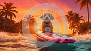 surfer dog funny ocean beach wave vacation summer animal puppy. Generative AI.