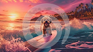 surfer dog puppy vacation summer animal beach wave funny ocean. Generative AI.