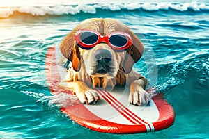 A surfer dog swims through the sea waves on a special surfboard