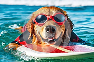 A surfer dog swims through the sea waves on a special surfboard