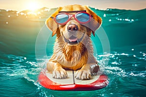 A surfer dog swims through the sea waves on a special surfboard