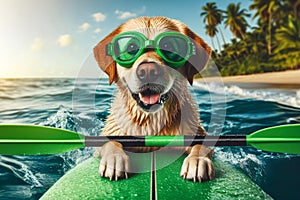 A surfer dog swims through the sea waves on a special surfboard. The concept of animals doing sea sports